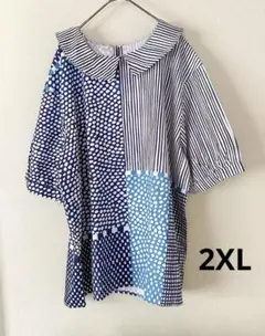 未使用　2XL パッチワーク風半袖ブラウス　プルオーバーブラウス　大きいサイズ