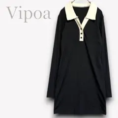 美品✨ヴィポア【F】襟付きVネック配色カラーワンピース　黒　カジュアルJ3182
