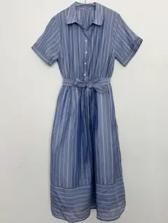 【INDEX】青系ストライプ 半袖シャツワンピース ベルト付き　Mサイズ　夏色