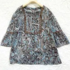 レリアン　大きいサイズ　ブラウス　13+ XL ペイズリー　総柄　ブラウン　青