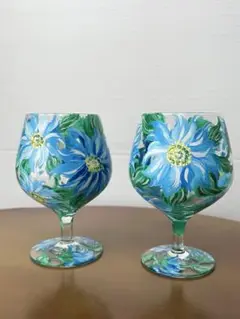 新品 花柄ペイント 手描き 青い花の ワイングラス ペア（2ヶ）