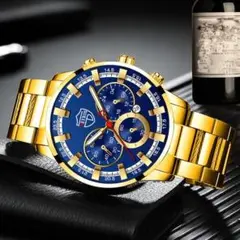 t98新品DEYROSクロノグラフビジネス腕時計メンズゴールド/ブルー439