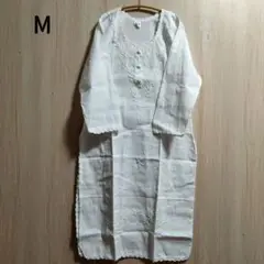 ⚠訳あり⚠インド チカンカリ刺繍のコットンクルタ ホワイト【51-172】