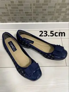 【未使用】23.5cm ネイビー リボン付き フラットシューズ パンプス