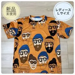 大きめ ユニーク顔イラスト オレンジ色 Tシャツ Lサイズ ゆったり