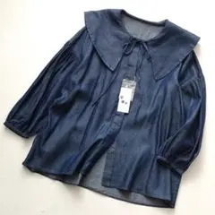 未使用　タグ付き　アーヴェヴェ　ビッグカラー　デニム　ブラウス　 ネイビー　M