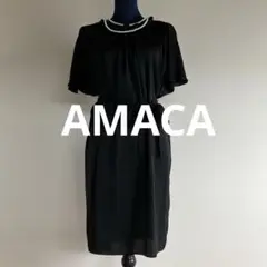 AMACA 三陽商会　黒のひざ丈ワンピース 半袖 レーヨン　リボンM