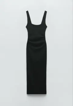 zara フィットギャザーリブミディワンピース S ブラック