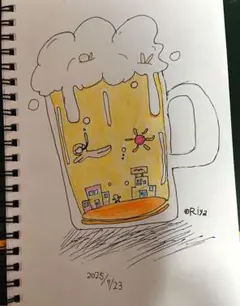 作品No.3【ビールの中の町】 手描き オリジナルイラスト
