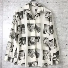 Epinarl 国産 古着 白黒 動物 総柄 ポリエステル 長袖シャツ