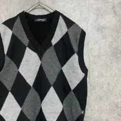 90s vintage アーガイル ニットベスト 黒 メンズ 古着 個性派 A3