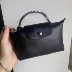 ロンシャン　ミニバッグ　黒PU皮革ハンドバッグ　ブラック