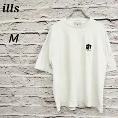 ills【Ｍ】半袖Tシャツ バックプリント ワンポイント刺繍 コットン ホワイト