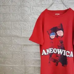 海外製アニマルプリント古着Tシャツ赤M猫　キャット