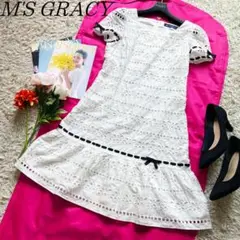 【良品】M'S GRACY コットンレースワンピース パイピング リボン 38