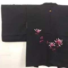 【美品】羽織 絵羽織 羽二重 紋付き 花柄 刺繍 正絹 身丈79 裄63 黒