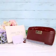 ジミーチュウ ロゴプレート ロングウォレット ワインレッド色 本革×エナメル