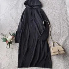 美品(L)ユニクロ/長袖ワンピース/ロング/フーデットパーカー/スエット/黒