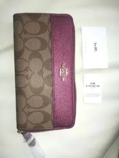 コーチCOACHピンクグリッターラメ長財布シグニチャー正規品ブラウンクリスマスに