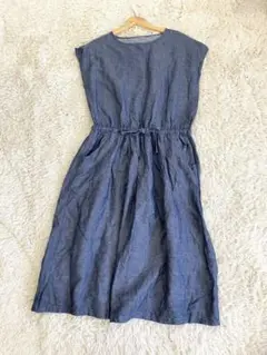 美品】ワンピース　リネン　麻　デニム風　ロングワンピース ゆったり　大きめ