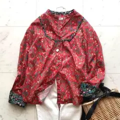 美品 ポールスミスピンク 長袖コットンシャツ 花柄 バンドカラー レッド