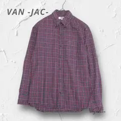 R3165【VAN JAC】チェック柄コットンシャツ ネイビー×レッド系 M