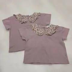 PAIR MANON くすみピンク 花柄フリル襟 Tシャツ 2枚組100.110