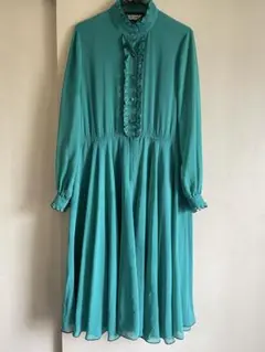 ヴィンテージ　ワンピース　フリル　水玉ドット　昭和レトロ　グリーン　シフォン