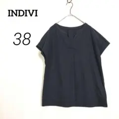 c6002【INDIVI】半袖 カットソー M ネイビー コットン スキッパー