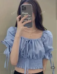 SHEIN 水色ブルー オフショルダー シャツ リボン付きJP-M(M)