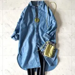 美品＊アピースオブライブラリー リネンコットンチュニックシャツ ブルー系 綿麻