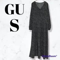 GUジーユー 総柄長袖Vネックフレアロングワンピース 小花柄 ブラック◆T402