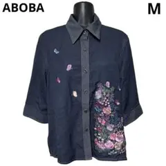 アボバ/シャツ/レディース/ネイビー/刺繍入り/五分袖/M/春服