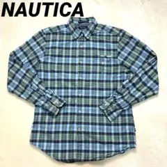 NAUTICA（ノーティカ）長袖シャツ 刺繍ロゴ Mサイズ グリーン チェック