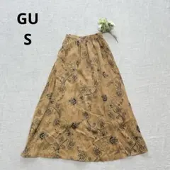 GUジーユー【S】花柄総柄サテンフレアロングスカート レトロ感 オレンジブラウン
