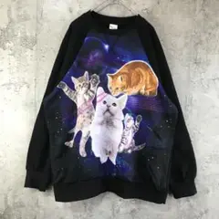 Y2811古着　トレーナー　スウェット　ラグラン　黒　アニマル　猫