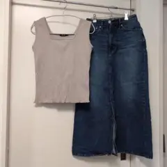 リブニットタンクトップ&デニムスカートセット