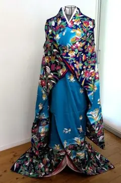正絹　引き振袖　お引摺り　花草ラメ彩【群青色×スカイブルー色】 舞台衣裳