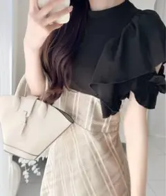 【mily bilet】ダブルフリル袖チェックレースドッキングワンピース