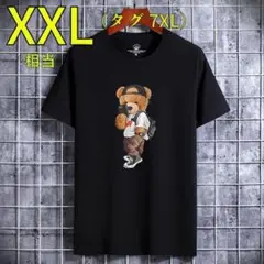 XXL メンズ 半袖 Tシャツ 前後 プリント ジュニア 携帯クマ 黒