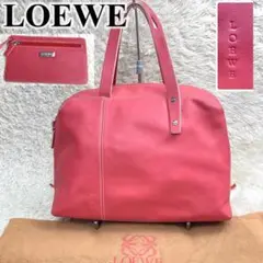 ✨美品✨ロエベ ハンドバッグ ロゴ型押し レザー ピンクレッド インナーポーチ付