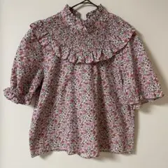 ZARA 半袖　オーバーブラウス　花柄　シャーリング　フリル　リボン