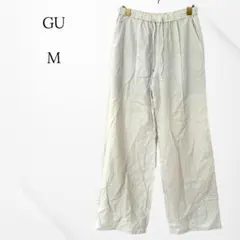GU ワイドパンツ　リネン混　ベージュ　M ウエストゴム　丈長め　カジュアル