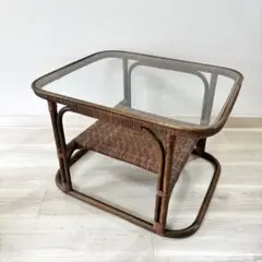 ヴィンテージ　昭和レトロ　ラタン　ガラステーブル