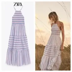 ZARA マルチカラーストライプキャミソールティアードワンピースコットンボーダー