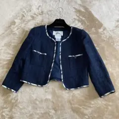Rene ノーカラージャケット ツイード ネイビー シルク M