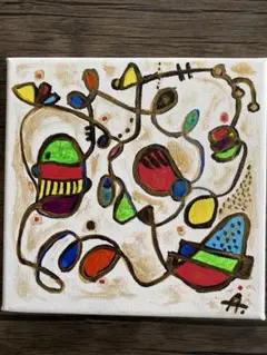 「enjoy」金色に光る抽象画カラフルなアクリル画現代アートキャンバス18×18