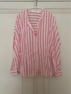 TEJA　オーバーサイス　ストライプシャツ　ピンクストライプ　ノーカラー