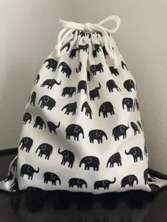 巾着袋　オフホワイト×黒ぞうさん柄