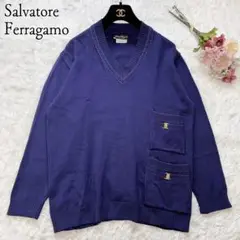 ☘️美品◆Ferragamo◆ヴァラリボン ウールニットセーター ネイビー 紺